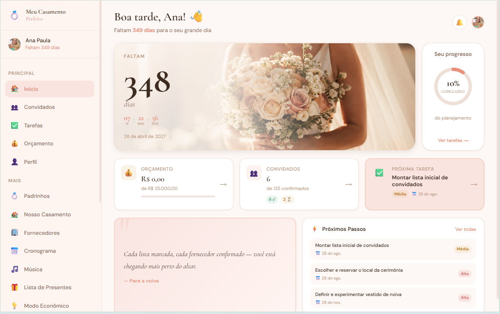 App Meu Casamento Perfeito em tema claro