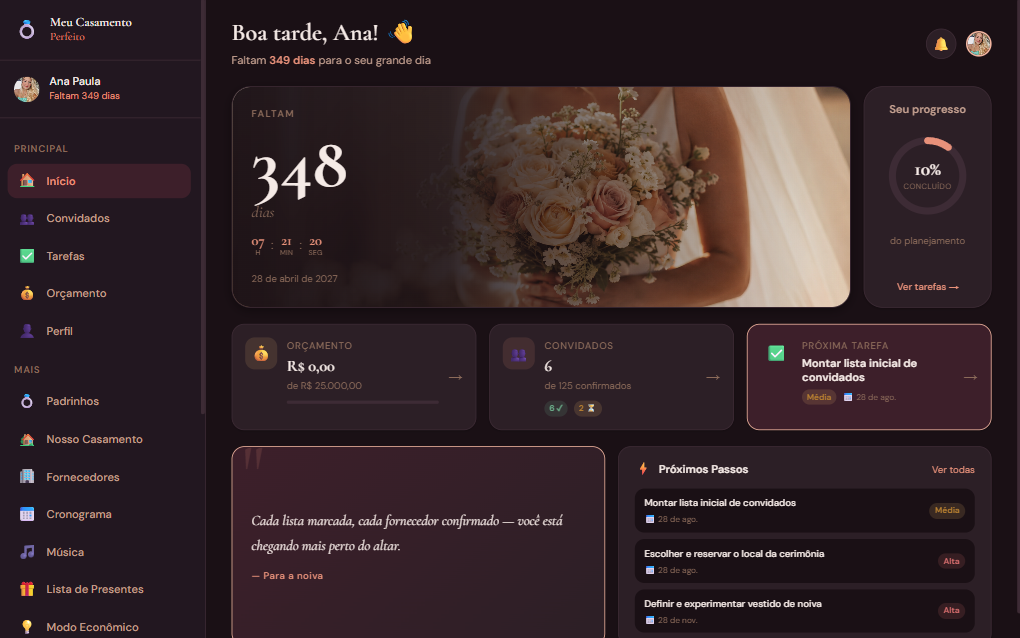 App Meu Casamento Perfeito em tema escuro